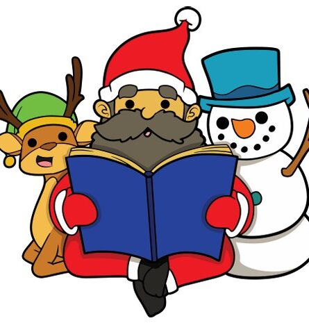 Reindeer, Santa and Snowman reading a book