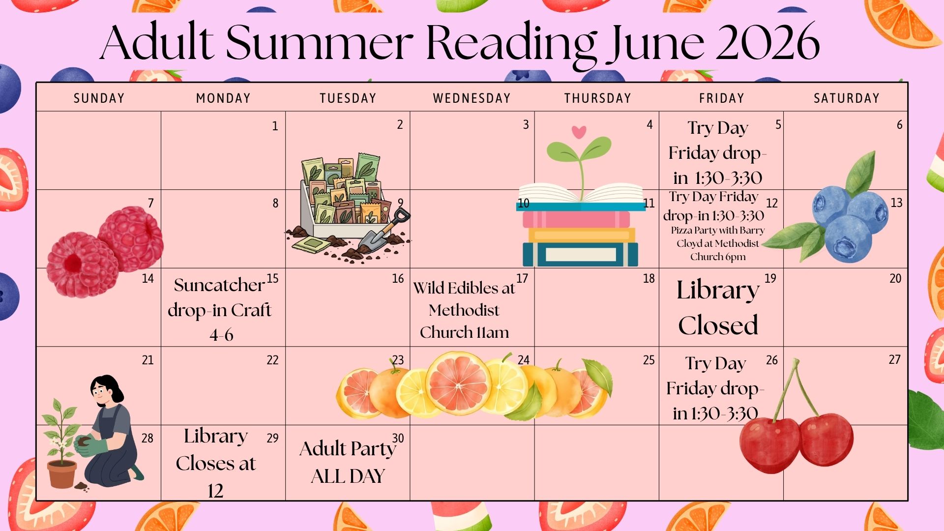 colorful calendar for June with books, a person reading, flowers and planting themes