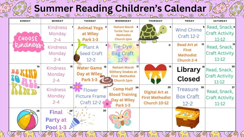 Colorful June calendar wth animal images, treasure chest with summer themes