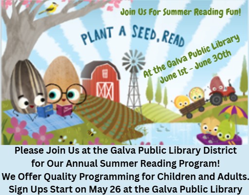 Colorful picture of seeds, a farm, leaves and a windmill. Includes text about 2026 Summer Reading